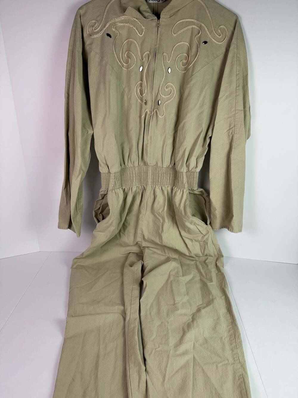 Vintage 80s Incognito Khaki Olive Green Soutache Embroidered Studded Jumpsuit